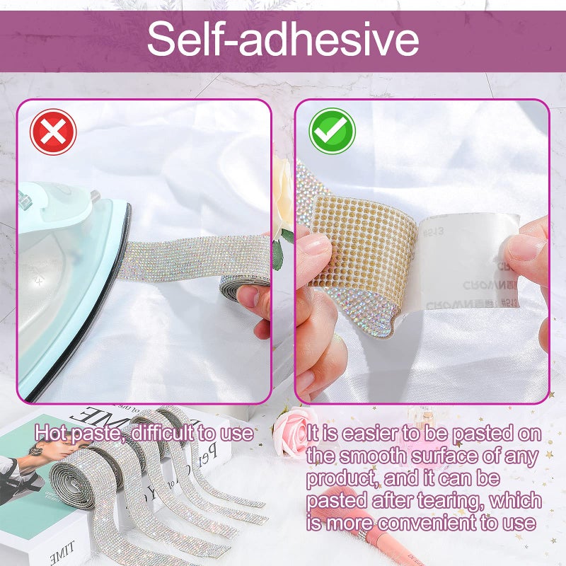 آوتوس 6 لفات ذاتية اللصق من الكريستال حجر الراين الشريط الماس بلينغ شرائط التفاف 6 ياردة شبكة التألق ملصق لفة للفنون الحرف الزفاف عيد ميلاد DIY الحدث سيارة الهاتف الديكور (كريستال AB) - Image 3